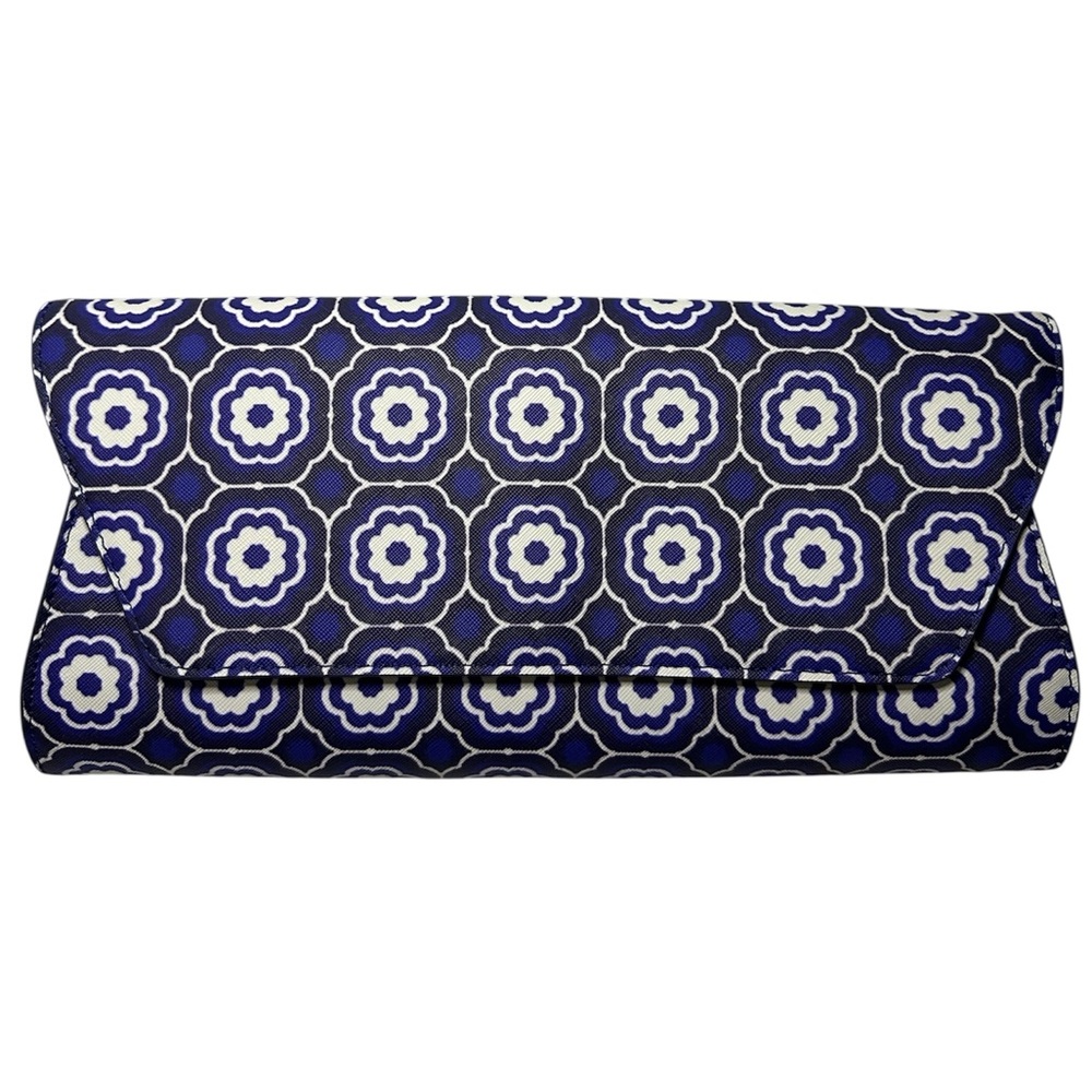 Trina Turk New Medallion Herringbone Blue & White Faux Envelope Leather Clutch